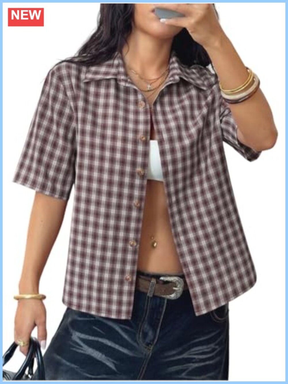 Cropped Plaid Button Up Top Y2K Short Sleeve Collared Streetwear